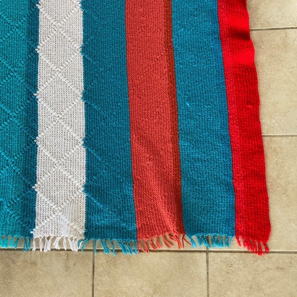 Afghan Knit Crochet Blanket Throw Handmade Turquoise Coral White Stripe 65x54 - Picture 5 of 7
